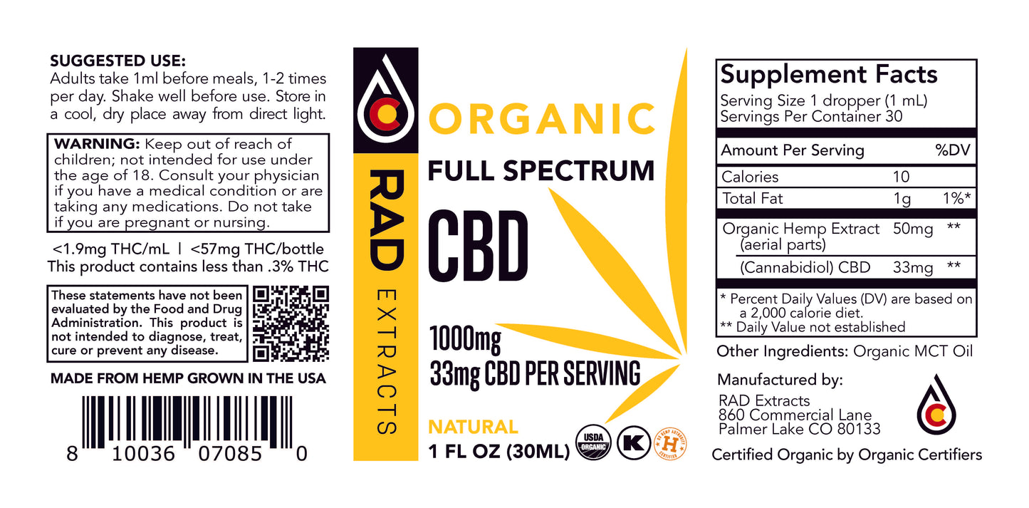 Organic Certified Full Spectrum CBD Oil Tincture 1,000 mg