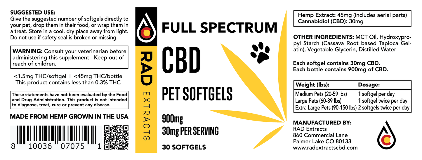 Full Spectrum CBD Vegan Pet Softgels -30ct 900mg